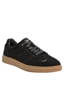 Calzado casual negro de mujer, con acabado de gamuza y detalles en charol.