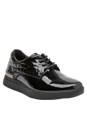 Zapatos de cuero negro para mujer, diseño moderno con taco plano, perfectos para la rutina diaria.