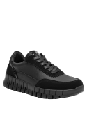 Zapatilla cuña negra de cuero para mujer, con plataforma, combina con jeans o vestidos relajados.