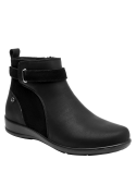 Botín negro de cuero para mujer, estilo casual, perfecto para outfits con vestidos midi y jeans.