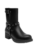 Botín de cuero negro para mujer, estilo biker, perfecto para combinar con jeans ajustados.