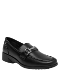 mocasín negro de cuero para mujer, taco plano de 3 cm, recomendado para uso diario.