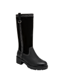 Bota negra de cuero para mujer, taco bloque de 5 cm, adecuada para aventuras urbanas y paseos al aire libre.