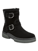 Bota negra de mujer, estilo casual, suela plana de 4.5 cm para comodidad en actividades cotidianas.