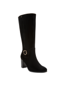 botas de mujer en cuero negro con anillo dorado, estilo chic, combinación con jeans