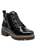 Botín negro cuero mujer estilo casual con acabado brillante para ocasiones elegantes.