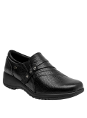 Zapato de cuero negro para mujer, diseño anatómico, recomendado para uso diario y elegante.