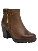Botín café de cuero para mujer, con taco de 8 cm, ideal para un look chic y moderno en cualquier evento.