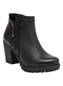 Botín negro de cuero para mujer, detalles en charol, combina comodidad y elegancia en cada paso.