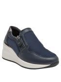 Zapatillas chic de cuero azul marino para mujer, diseño con cremallera, recomendadas para salidas casuales.