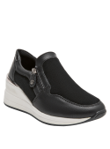 Zapatilla de cuña negra de cuero para mujer, estilo moderno, combina bien con vestidos y chaquetas.