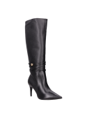 Botas de cuero negro para mujer, con detalles dorados, perfectas para un look glamuroso.