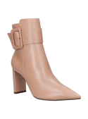 Botín de cuero taupe para mujer, con taco bloque de 8.5 cm, recomendado para eventos especiales.
