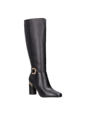 Calzado formal negro de mujer, bota de cuero con taco de bloque de 8.5 cm, recomendado para eventos especiales.