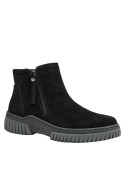 Botín de cuero negro para mujer, taco plano de 4.5 cm, cómodo para el día a día.