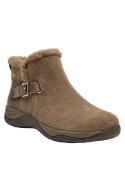 Botín de cuero taupe para mujer, taco plano de 2.5 cm, perfecto para combinar con jeans o vestidos.