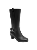 Bota casual negra de cuero, tacón bloque de 6 cm, comodidad y estilo para mujeres.