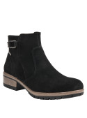 Botín de cuero negro para mujer, estilo casual, recomendado para looks urbanos.