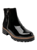 botín negro de charol para mujer, estilo elegante, ideal para días fríos, material cuero, actividad casual