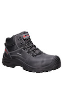 Zapato negro de hombre, estilo calzado de seguridad, perfecto para entornos laborales peligrosos.