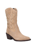 Bota vaquera taupe de cuero para mujer, con detalles metálicos, ideal para un look audaz.
