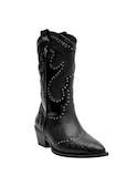 Bota de cuero negro para mujer, ideal para combinar con vestidos fluidos o jeans ajustados.