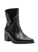 Botín negro de cuero para mujer, con taco bloque que ofrece estilo y confort en cada paso.