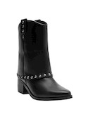 Botines de cuero negro con taco bloque, versátiles para looks de día y noche en mujeres.