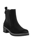 Botín negro de cuero para mujer, ideal para combinar con vestido midi o pantalones ajustados.