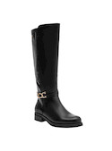 Bota negra de cuero para mujer, ideal para actividades diarias con un toque moderno y femenino.