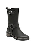 Bota negra de cuero para mujer, tacón cómodo y diseño que aporta seguridad y elegancia.