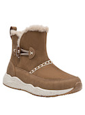 Botín textil para niña en cálido tono camel, interior acolchado que brinda abrigo en cada aventura.