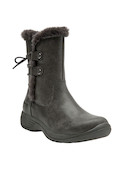 Bota de cuero gris para mujer, con taco plano de 4.5 cm que asegura estabilidad y confort.