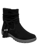 Botín de cuero negro para mujer, adecuado para combinar con jeans o vestidos bohemios.