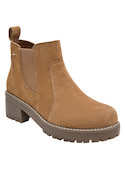 Botines de mujer en cuero camel, estilo moderno, recomendados para ocasiones informales y versátiles.