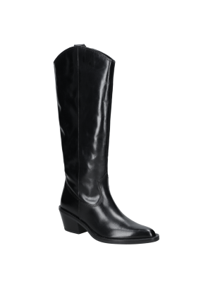 Botas altas de cuero negro para mujer, con taco bloque de 6 cm y punta redonda, estilo casual.
