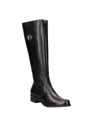Bota de mujer en cuero negro, diseño limpio y estructurado que estiliza la figura.