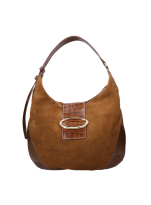 Cartera hobo de cuero gamuza color camel, diseño casual para mujer, ideal para ocasiones elegantes.