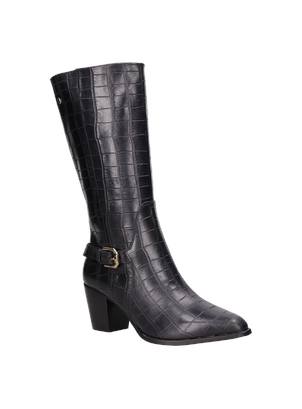 Bota negra de mujer con diseño contemporáneo en cuero, perfecta para combinar con vestidos o pantalones de cuero.
