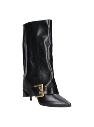 Bota negra de cuero para mujer, con correa ancha y hebilla, estilo sofisticado.