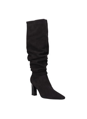 Bota de cuero negra para mujer, estilo formal, ideal para ocasiones elegantes.