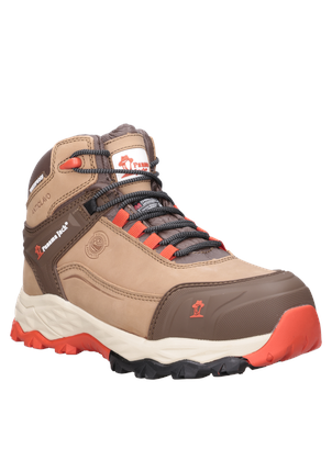 Calzado de seguridad beige para hombre, confeccionado en cuero nubuck, recomendado para trabajo.