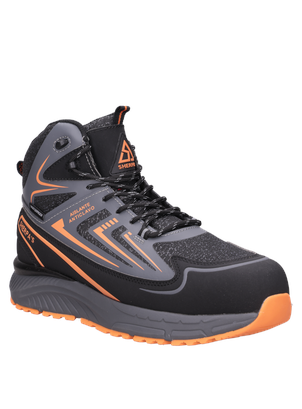 Zapato de seguridad gris en microfibra hidrófuga, estilo funcional, perfecto para actividades laborales intensas.
