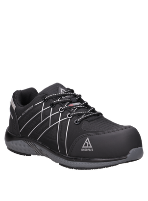 Zapato de seguridad negro para hombre, diseño funcional, perfecto para trabajos que requieren protección.