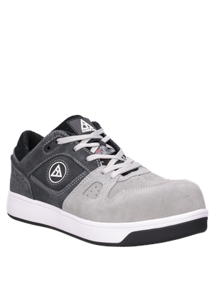 Zapato gris de hombre, estilo calzado de seguridad, con puntera resistente, ideal para climas templados.