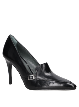 Zapato de cuero negro para mujer con taco alto, perfecto para un look sofisticado en eventos especiales.