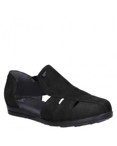 Sandalia negra para mujer, cuero suave, estilo casual y taco bajo.