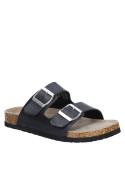 Sandalia de cuero negro para mujer, estilo normcore, perfecta para un look casual elegante con detalles funcionales.