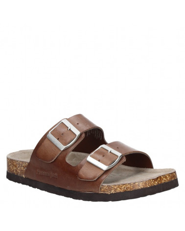 Sandalia casual de cuero café para mujer, estilo normcore, tiras anchas con hebillas y suela cómoda con detalles tipo corcho.