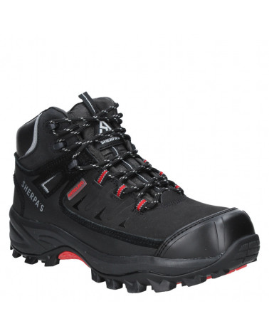 Zapato unisex negro con suela de dibujo profundo, ofreciendo tracción y estabilidad en terrenos irregulares.
